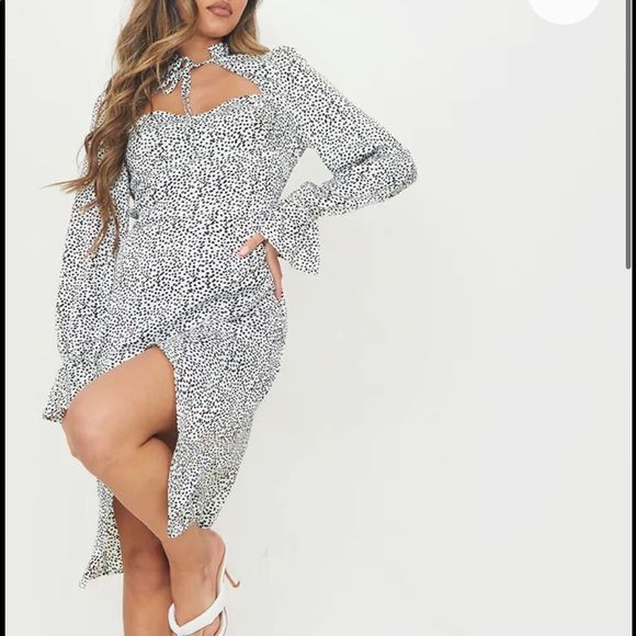 NWT PRETTY LITTLE THING White Dalmatian Tie Neck Wrap Skirt Midi Dress - Picture 1 of 9